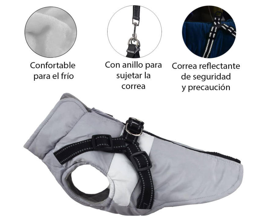Abrigo para perro con arnés integrado. Color gris