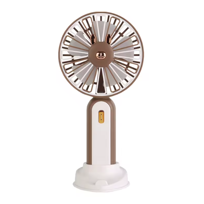 Mini Ventilador USB Recargable con Soporte y Luz LED. Marrón