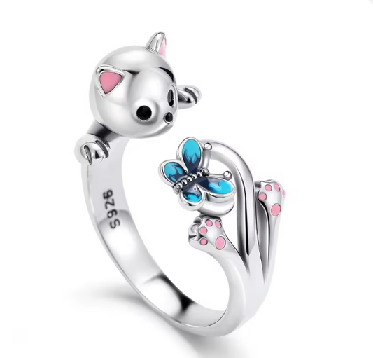Anillo de Plata de Ley 925 – Gatito y Mariposa