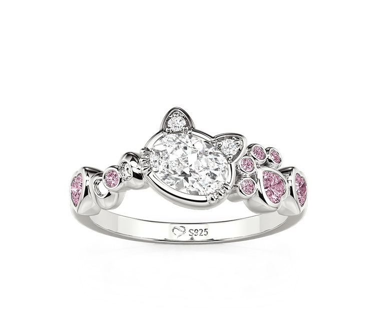 Anillo Gatito y Huellas de Plata de Ley 925