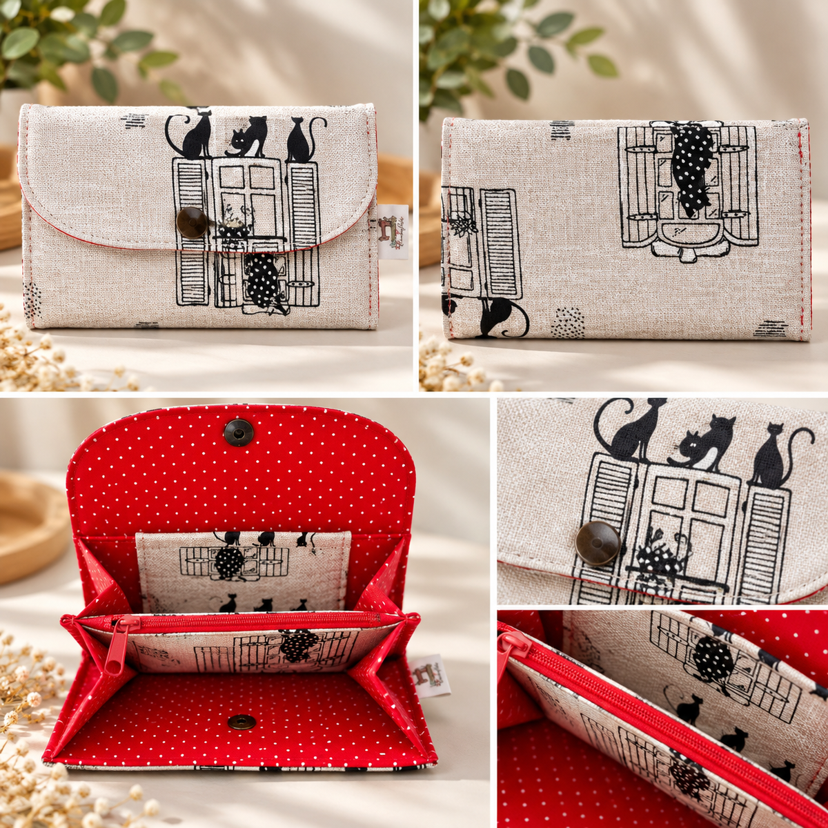 Cartera artesanal de gatos con interior rojo