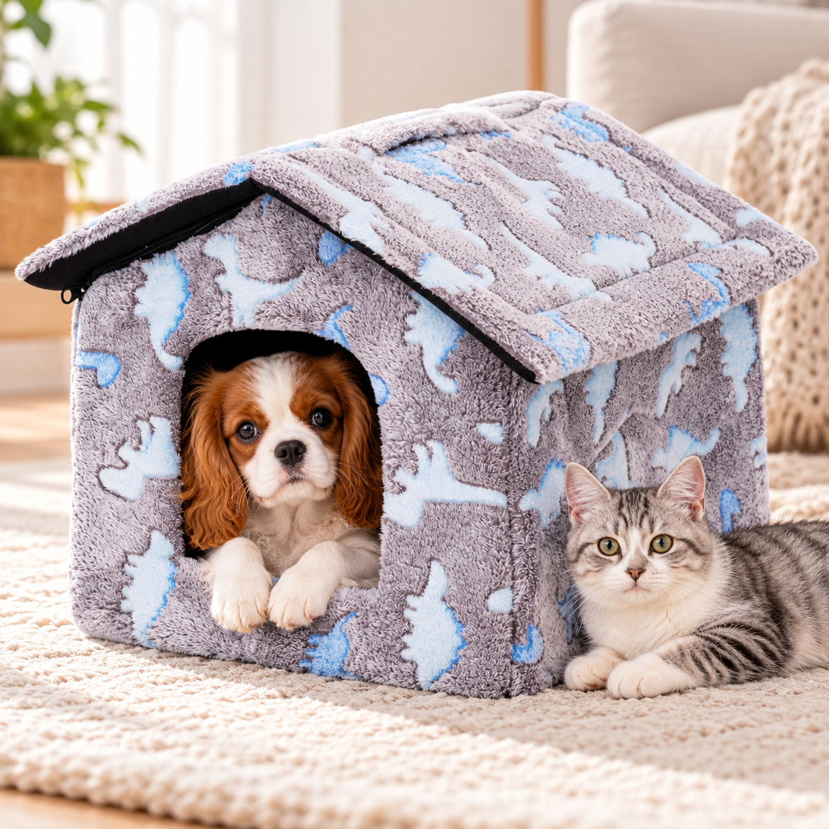 Casita acolchada para perro y gato Dinosaurio – L