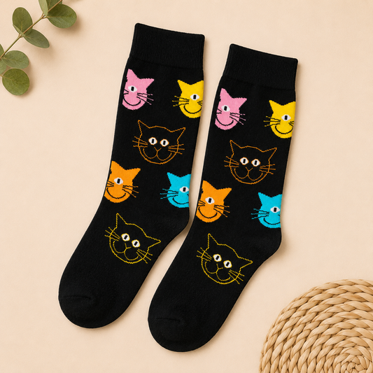 Calcetines Estampado Caras de Gato Multicolor