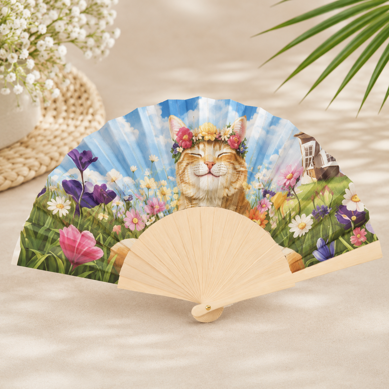 Abanico de Madera “Sonrisa de Primavera” 🌼🐱