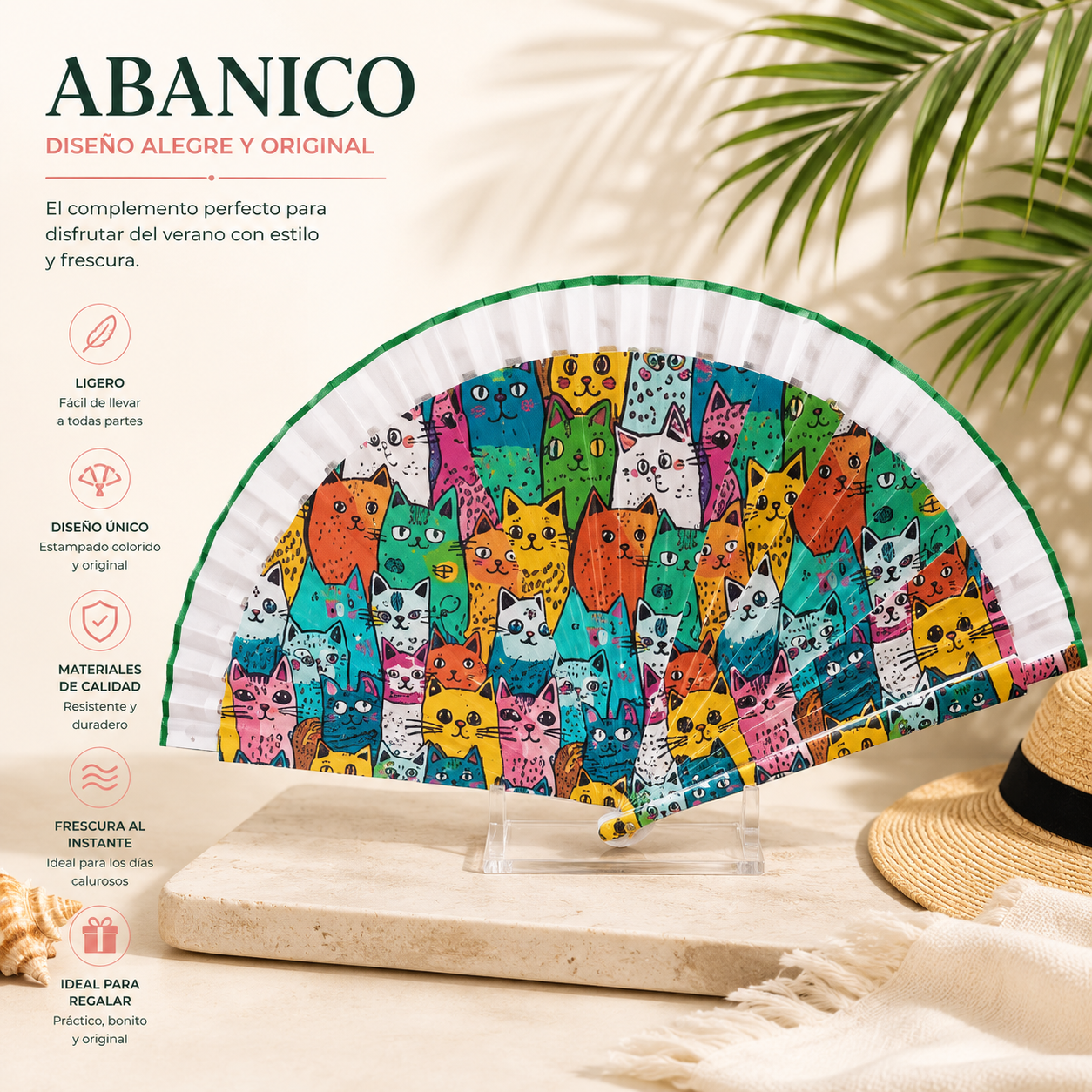 Abanico Estampado de Gatos Multicolor
