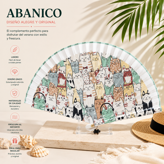 Abanico Estampado de Gatos Multicolor