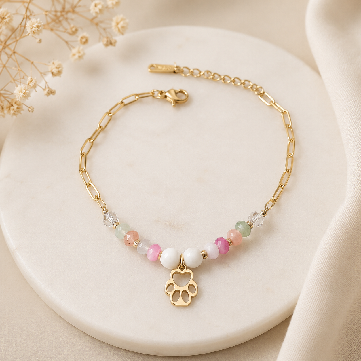 Pulsera Acero inoxidable Dorada con Huella y Cuentas de Cristal Ajustable