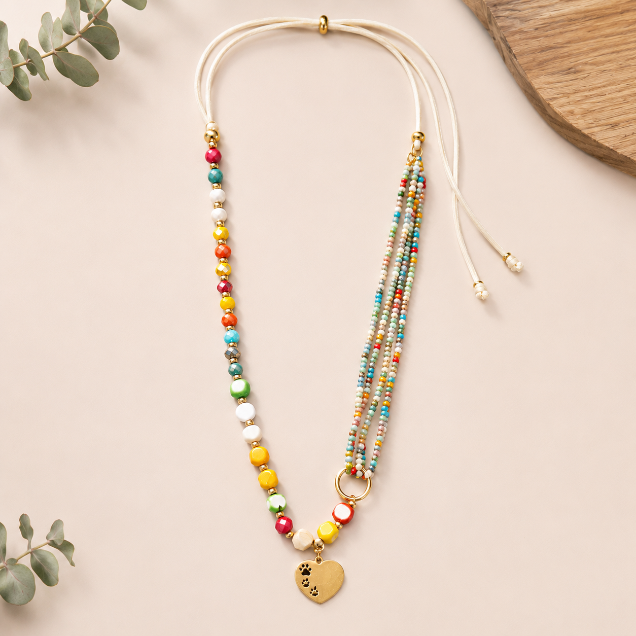 Collar Ajustable Acero Inoxidable Multicolor con Colgante Corazón y Huellas