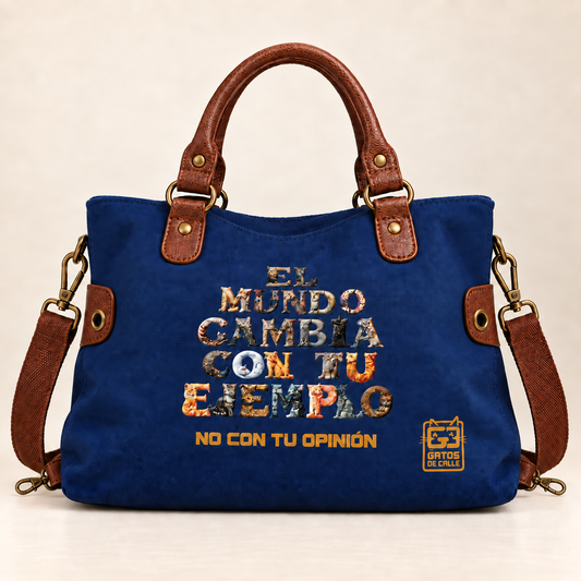 Bolso “El mundo cambia con tu ejemplo, no con tu opinión”- Azul