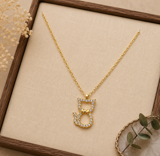 Collar de Acero Inoxidable Gatito con Circonitas Dorado