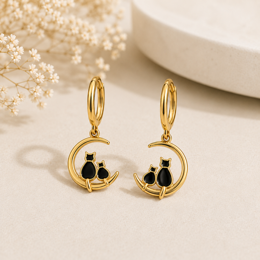 Pendientes de acero inoxidable Gatos en la Luna Dorados.