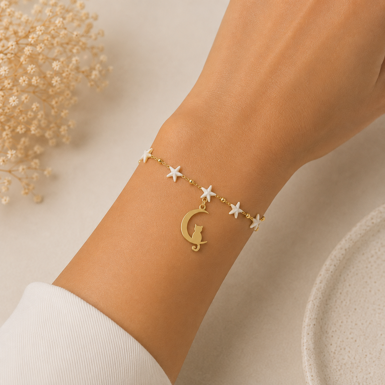 Pulsera de acero inoxidable Gato en la Luna con Estrellas Blancas