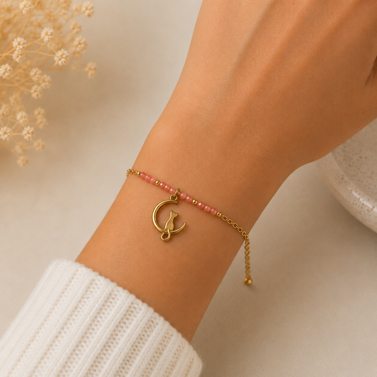 Pulsera Acero Inoxidable Luna y Gato con Cuentas color Salmón