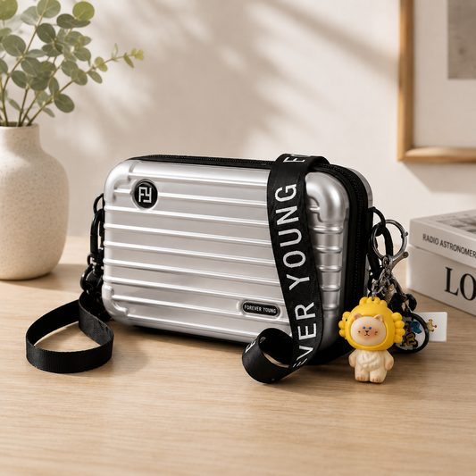 Bolso rígido estilo maleta “Amor Gatuno” – Color plata