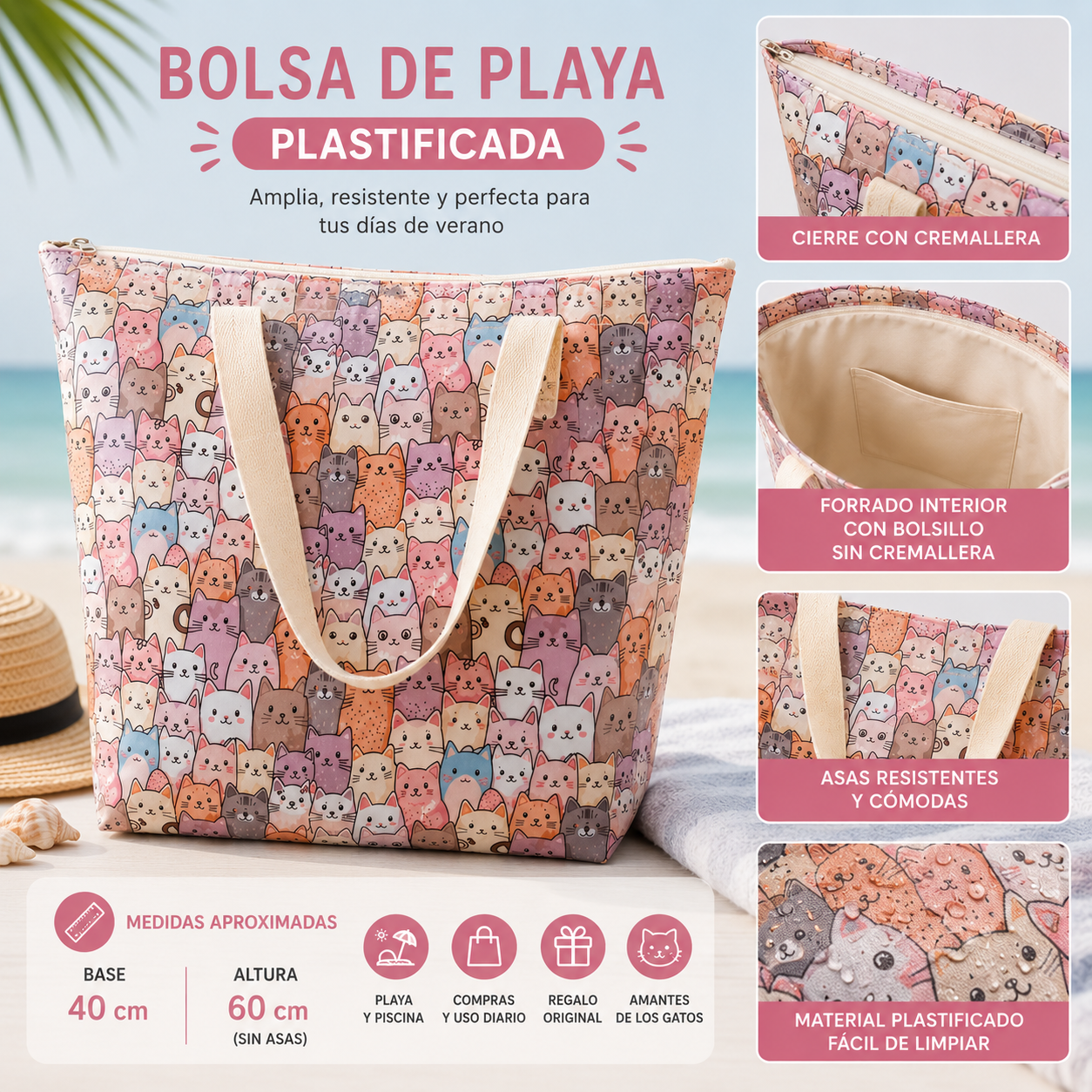 Bolsa de Playa Plastificada Gatos Pastel Asas color beig