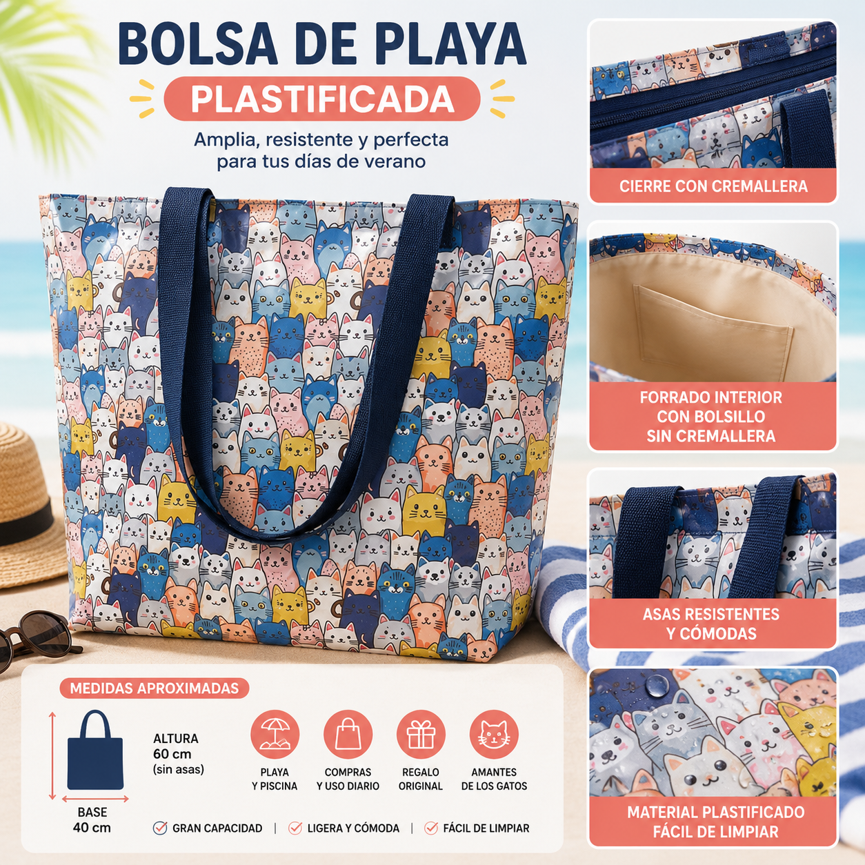 Bolsa de Playa Plastificada Gatos Asas color Azul