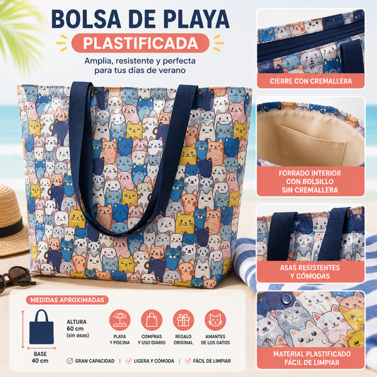 Bolsa de Playa Plastificada Gatos Asas color Azul