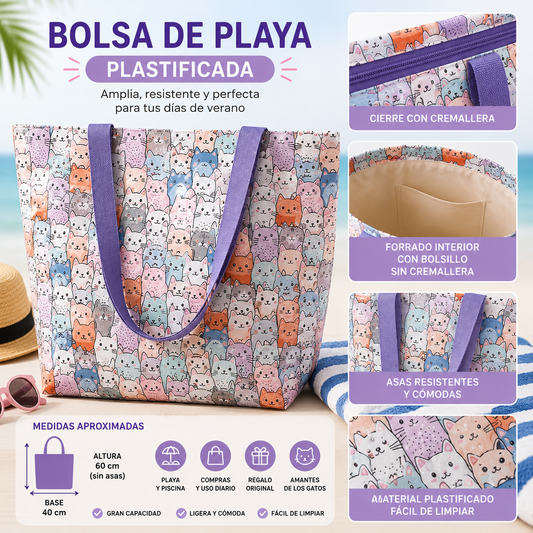 Bolsa de Playa Plastificada Gatos Asas color Morado