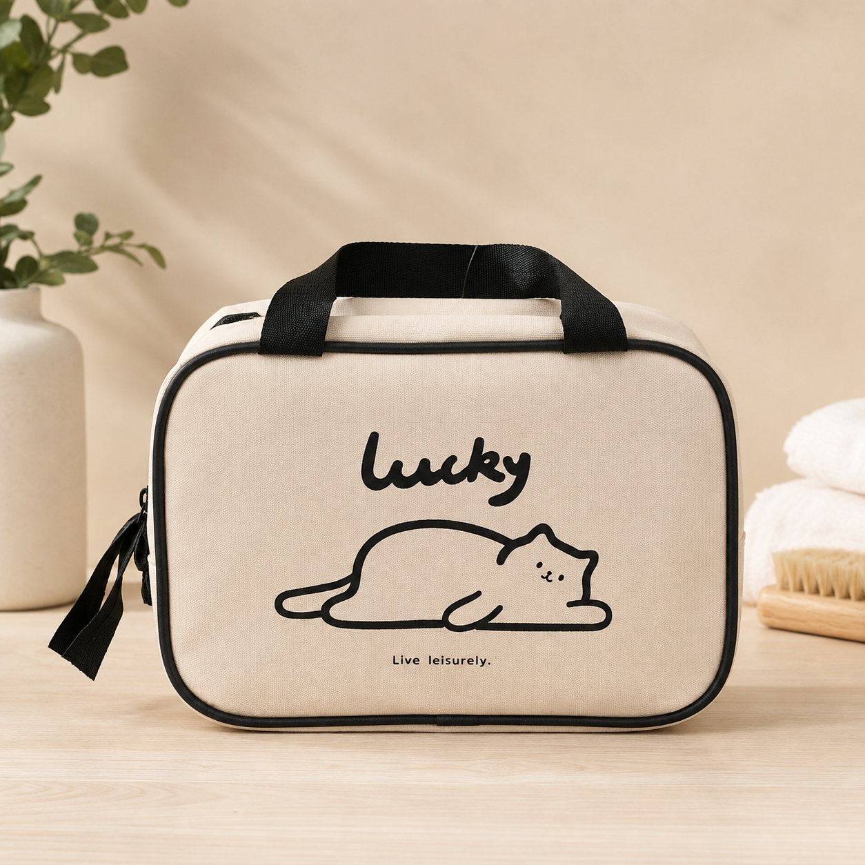 Neceser Lucky con Gato – Neceser de Viaje. Beige