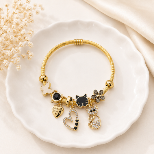 Pulsera Rígida  “Amor Gatuno” - Negro 🐱❤️✨