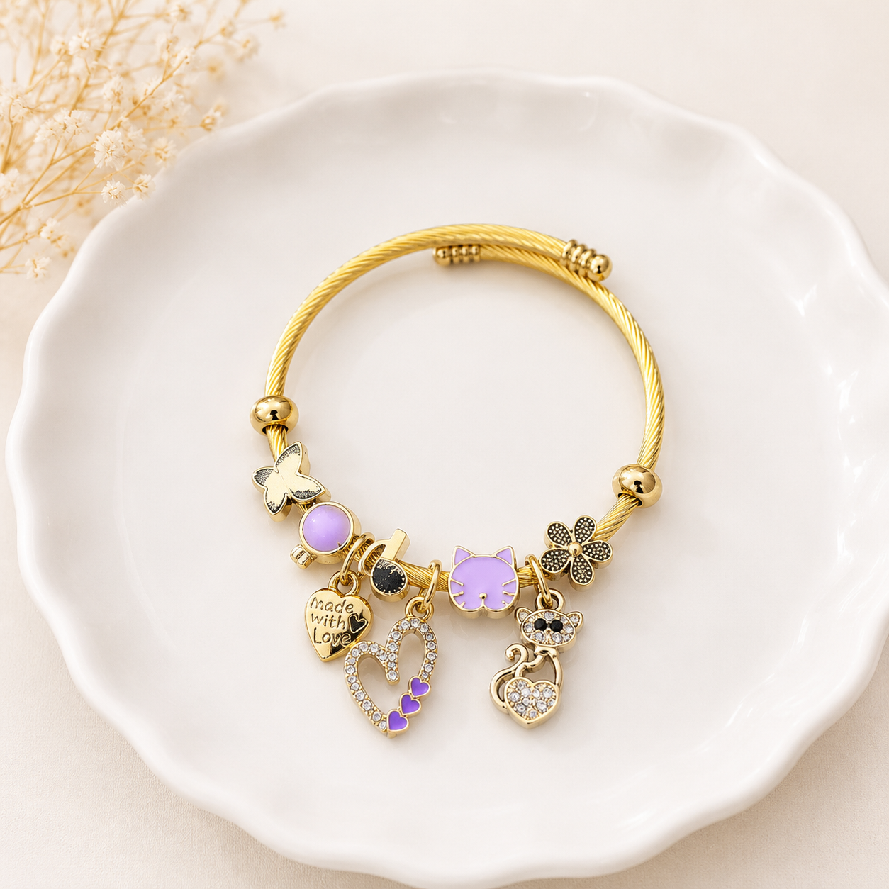 Pulsera Rígida  “Amor Gatuno” -Malva 🐱❤️✨