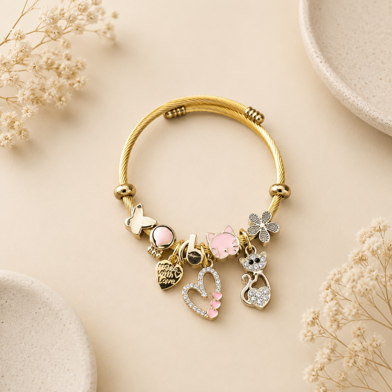 Pulsera Rígida  “Amor Gatuno” -Rosa 🐱❤️✨