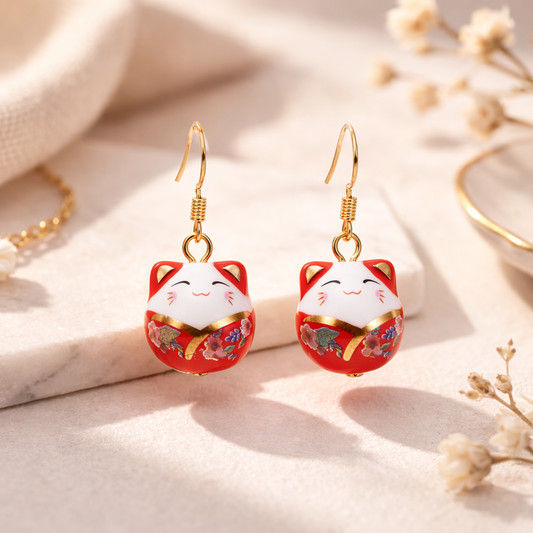 Pendientes de porcelana rojo / gato de la suerte