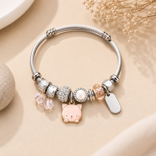 Pulsera de Acero Inoxidable con Charms Gatito