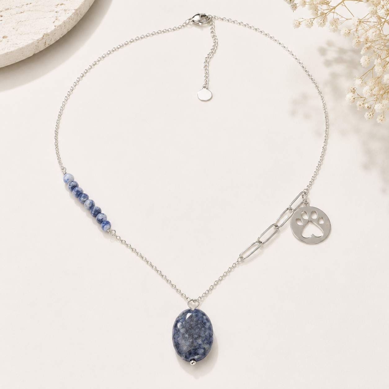 Collar de Acero Inoxidable “Huella Azul” con Piedra Natural