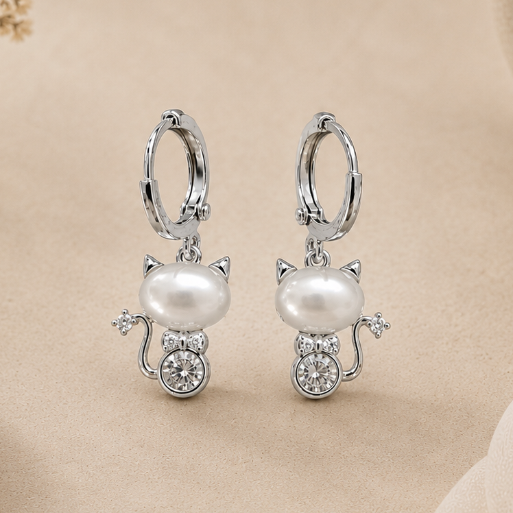 Pendientes Gatito Perla Plateados
