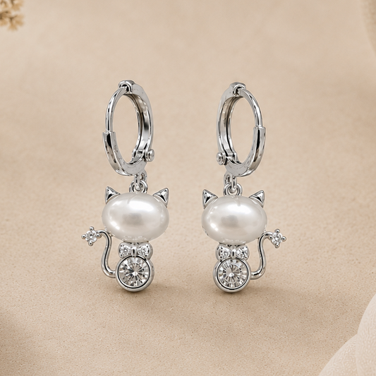 Pendientes Gatito Perla Plateados