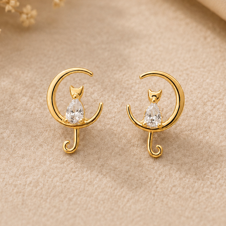 Pendientes Gatito Luna Dorados