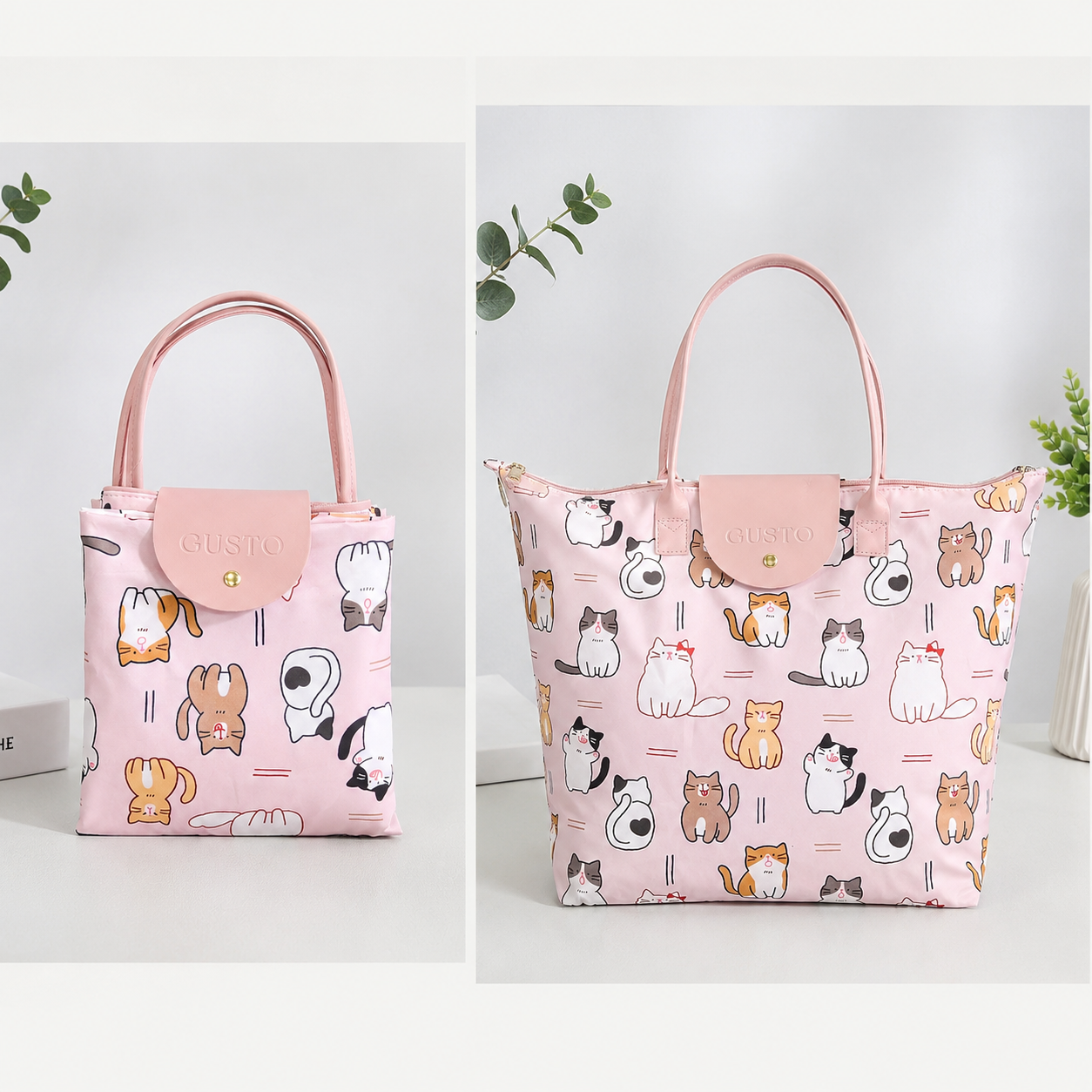 Bolsa Tote Rosa con Gatos Ilustrados – Plegable