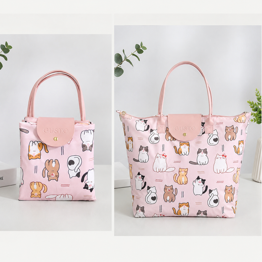 Bolsa Tote Rosa con Gatos Ilustrados – Plegable