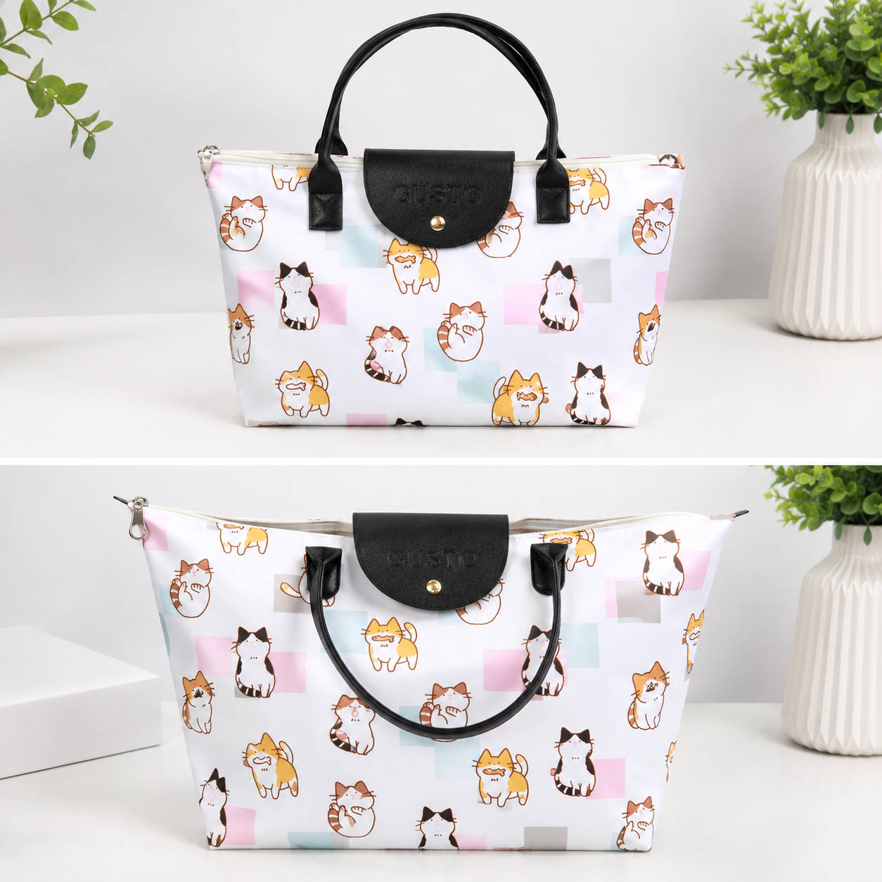 Bolsa Tote Blanco con Gatos – Plegable
