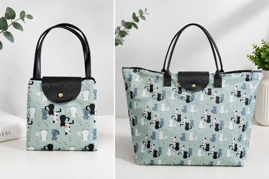 Bolsa Tote Verde con Gatos – Plegable