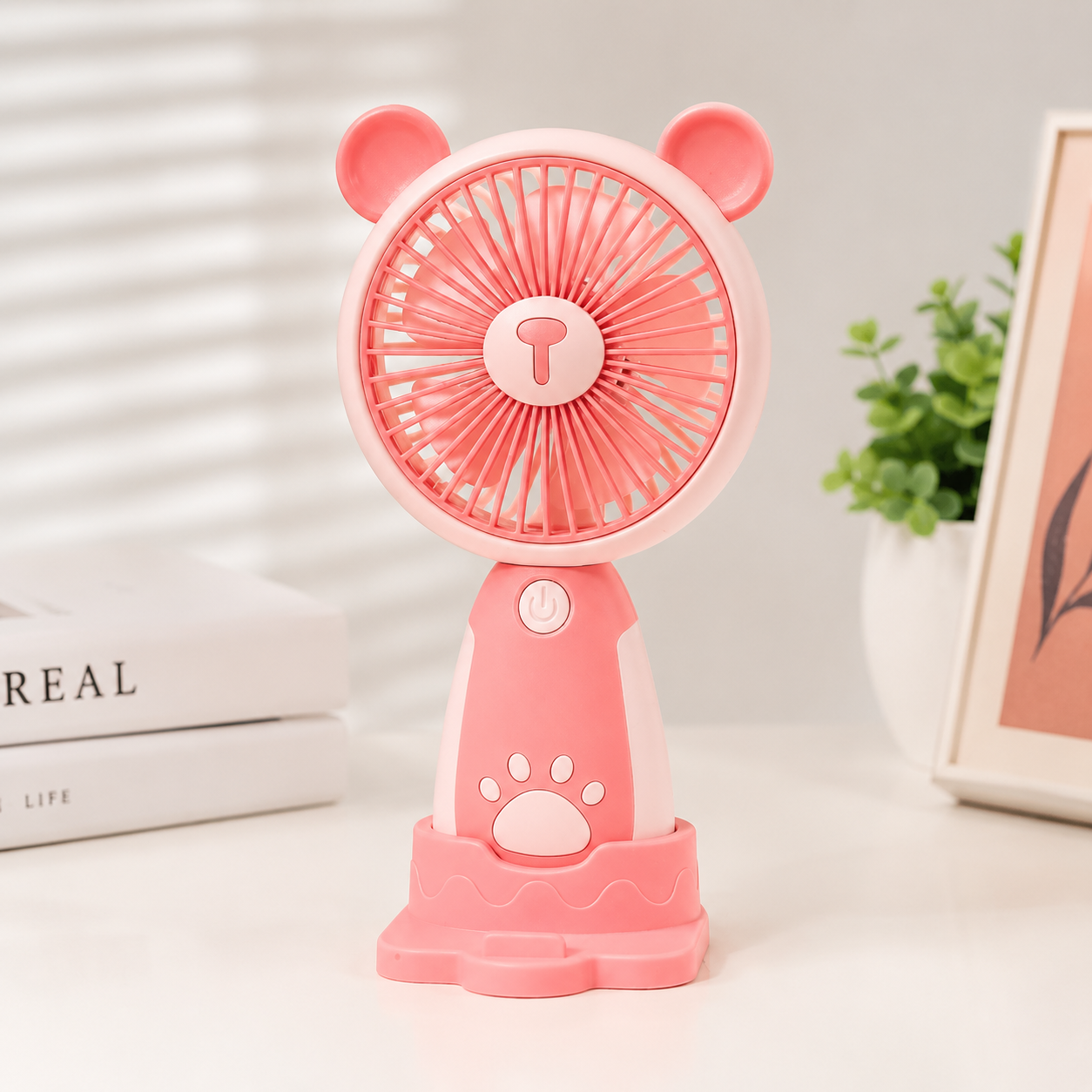 Ventilador USB de Sobremesa con Soporte para Móvil. Rosa