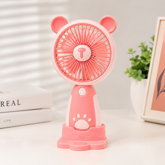 Ventilador USB de Sobremesa con Soporte para Móvil. Rosa