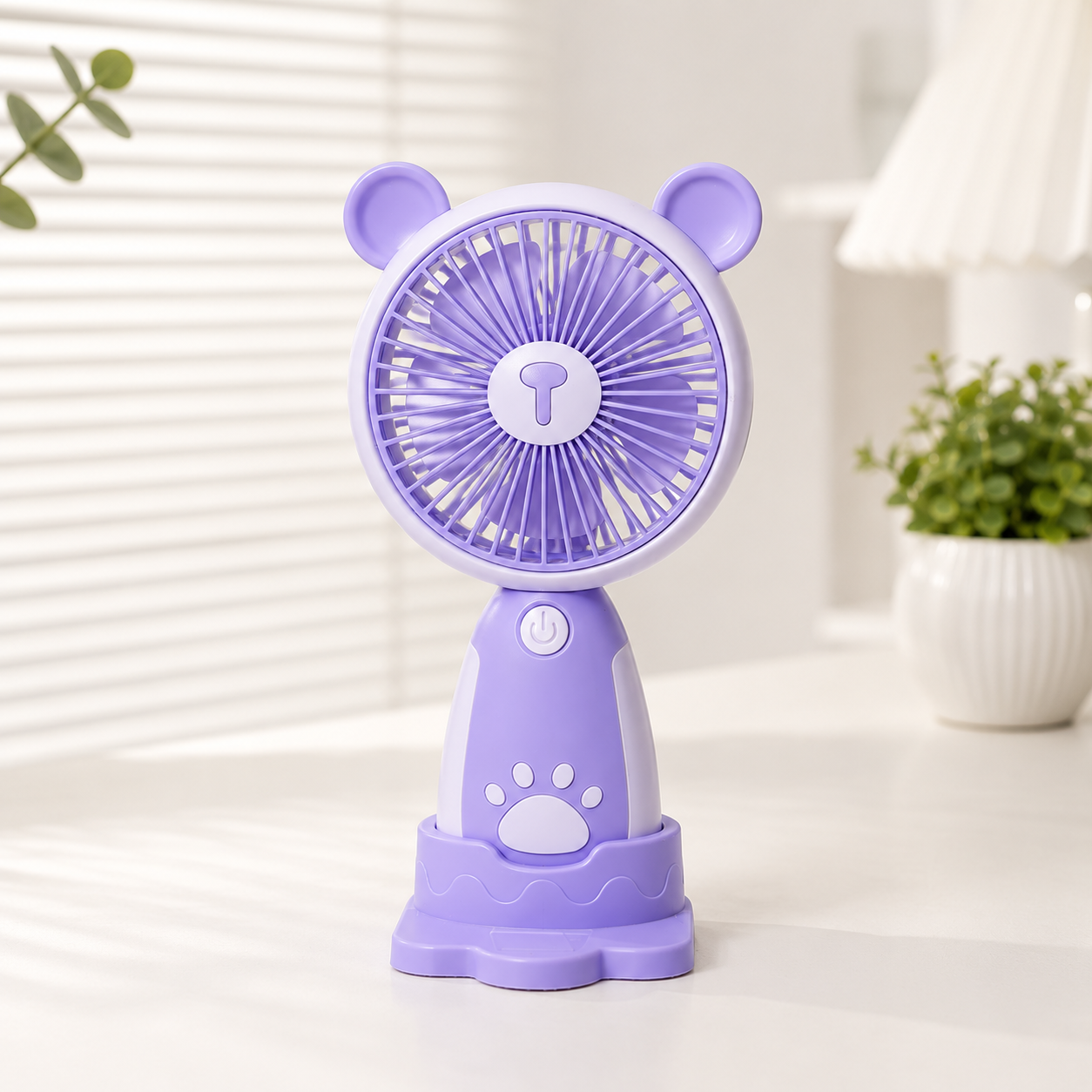 Ventilador USB de Sobremesa con Soporte para Móvil. Morado