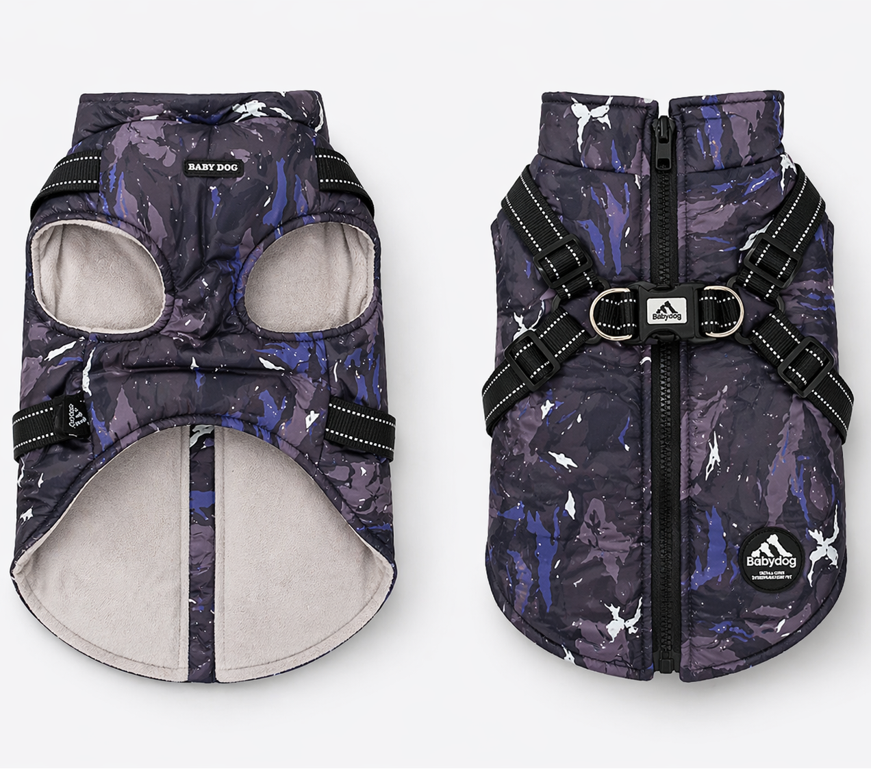 Chubasquero para perro impermeable con arnés integrado. Color gris/azul militar