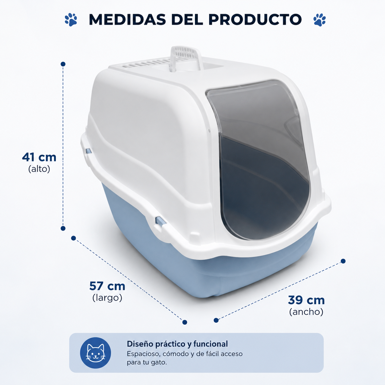 Arenero Cerrado para Gatos con Puerta – 57 x 39 x 41 cm. Azul