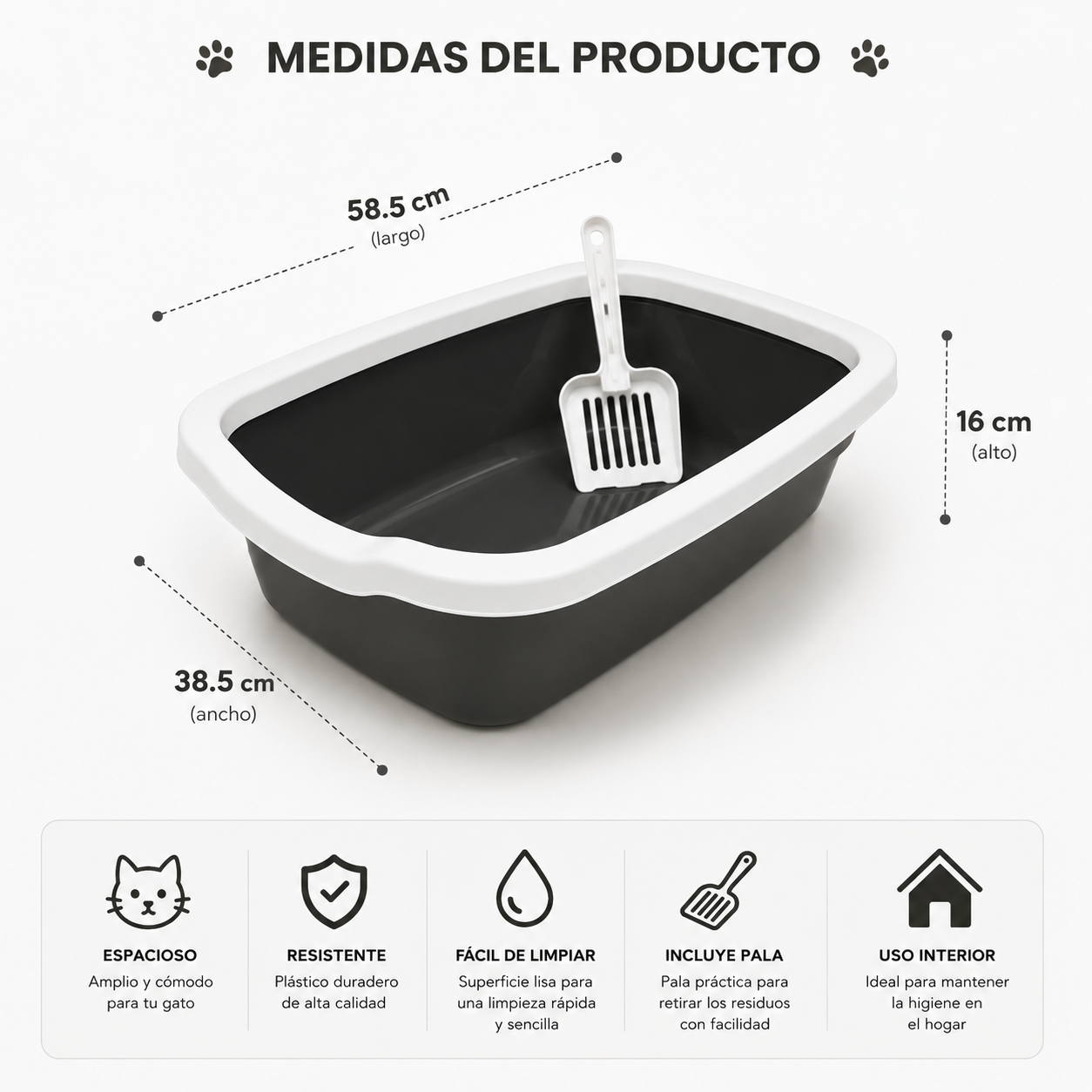 Arenero Abierto para Gatos con Pala – 58,5 x 38,5 x 16 cm. Negro
