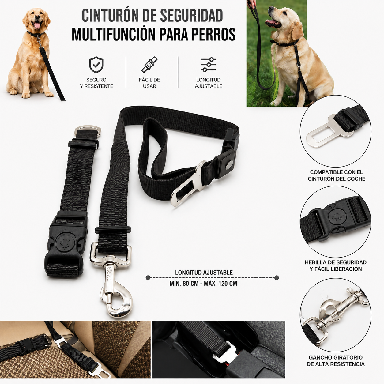 Correa Multifunción para Perros con Cinturón de Seguridad para Coche. Negro