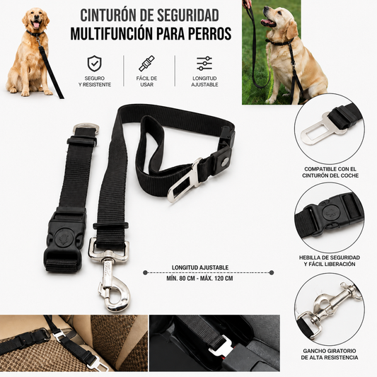 Correa Multifunción para Perros con Cinturón de Seguridad para Coche. Negro