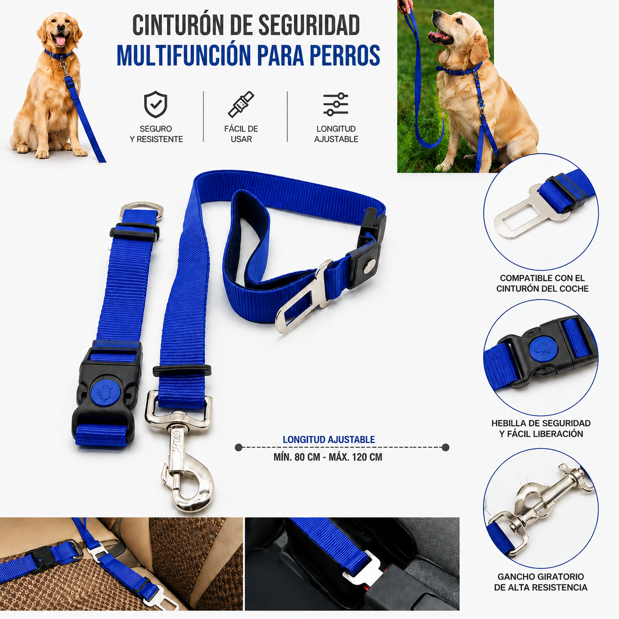 Correa Multifunción para Perros con Cinturón de Seguridad para Coche. Azul