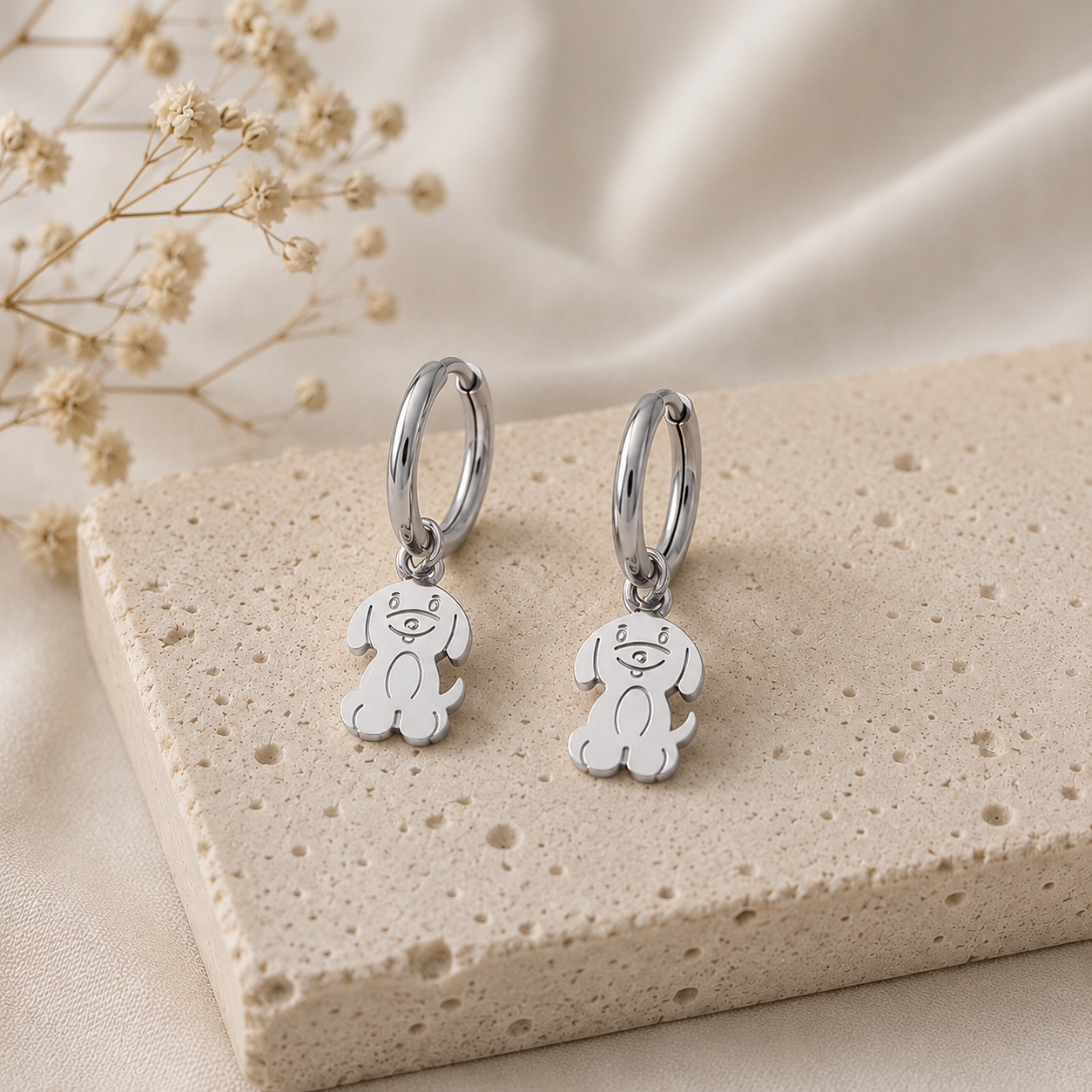 Pendientes Aro Acero Inoxidable Perro Plateados