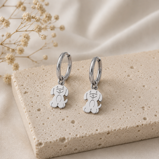 Pendientes Aro Acero Inoxidable Perro Plateados