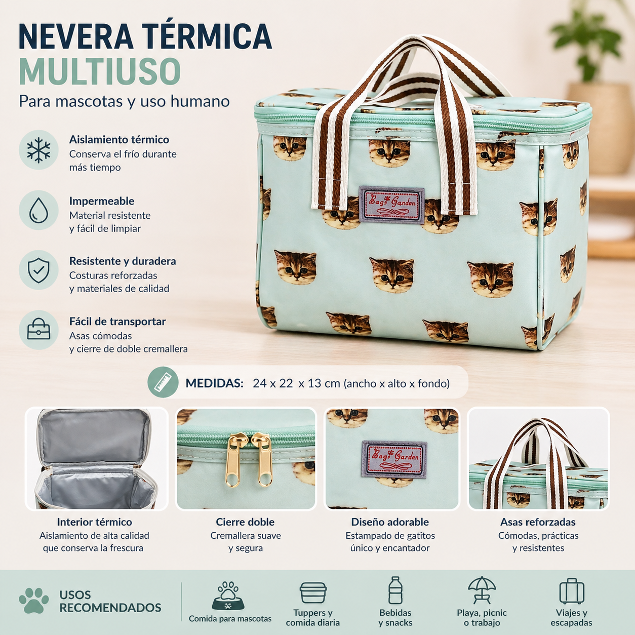 Nevera Térmica. Estampado Gatitos Verde