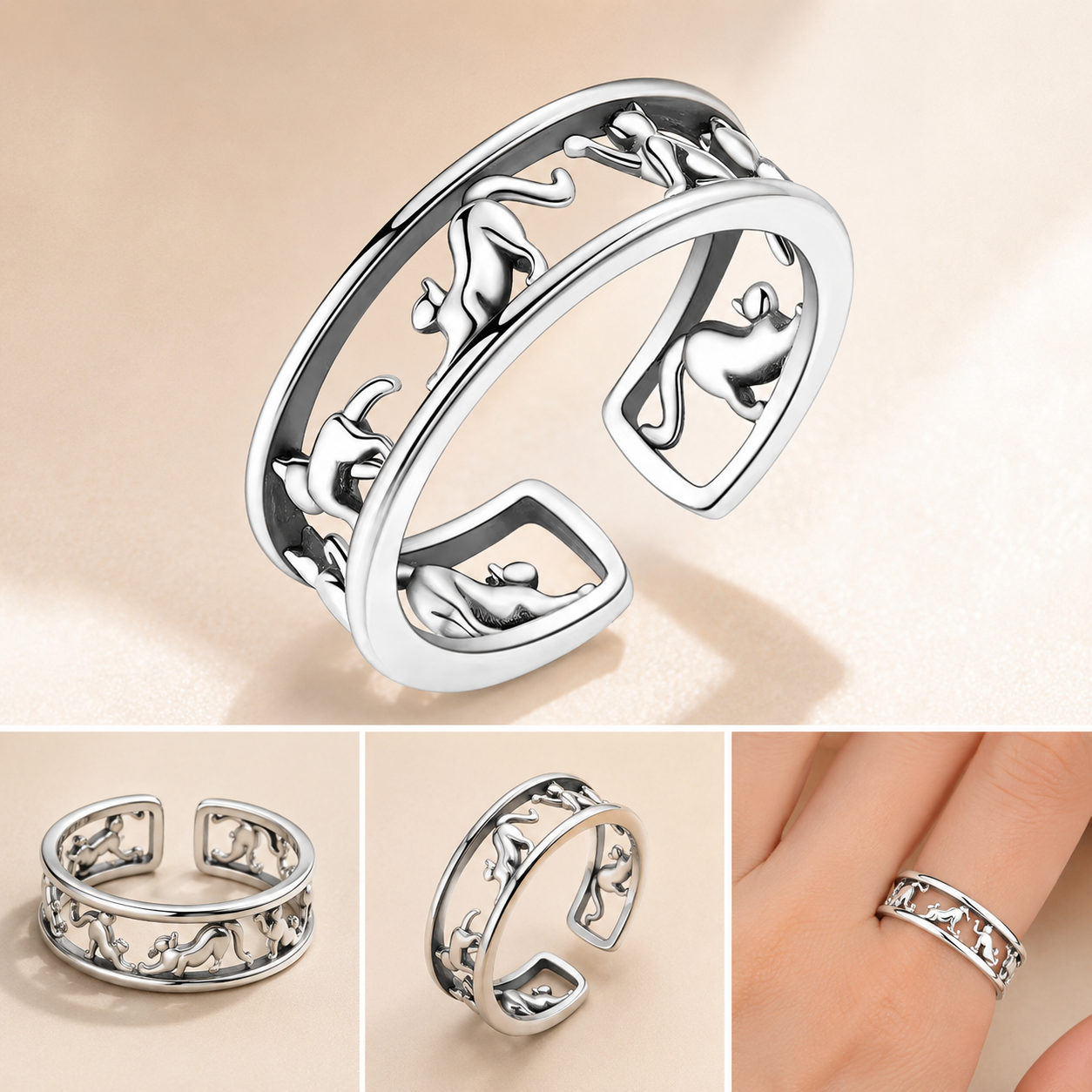 Anillo de Plata de Ley 925 con Gatos