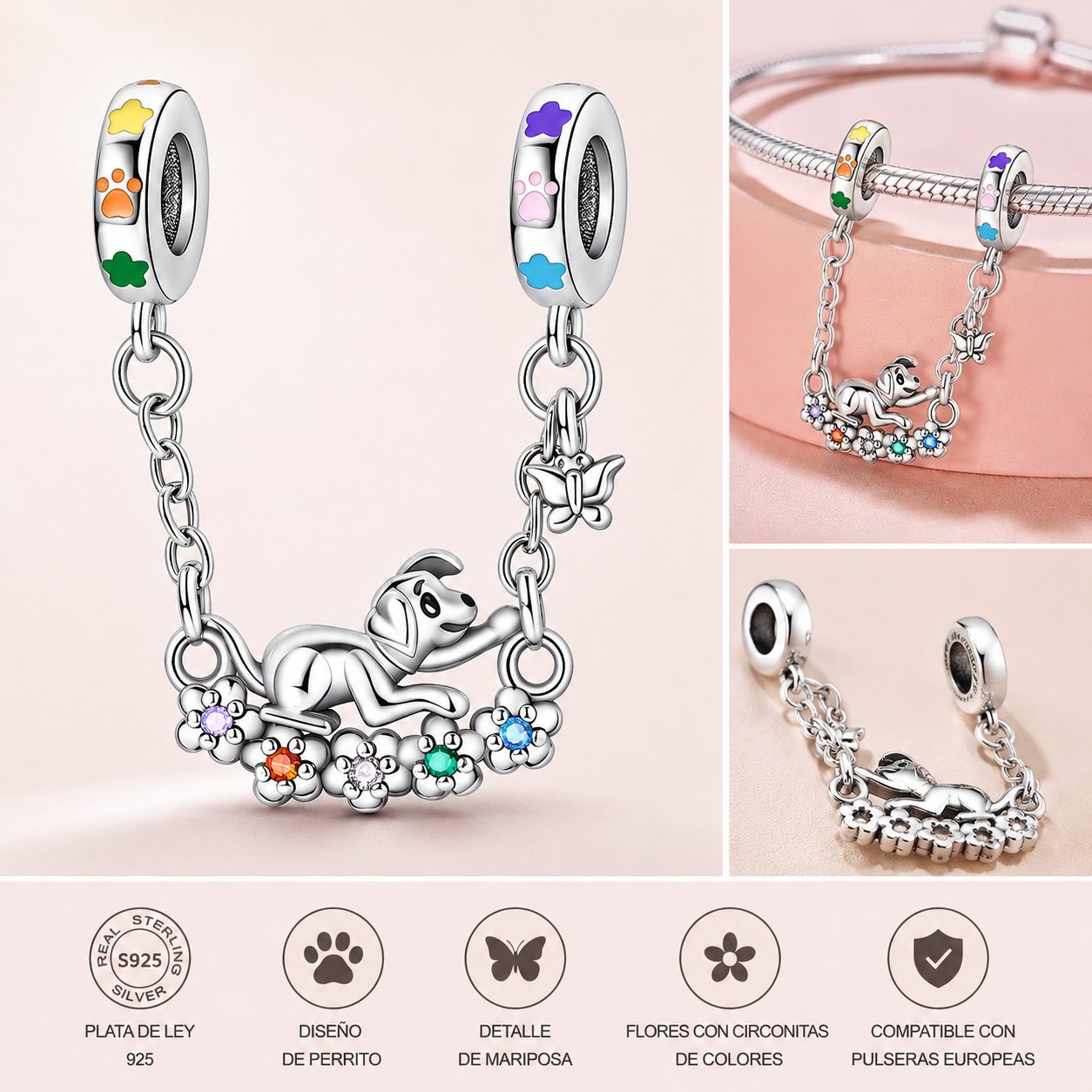 Charm de Plata de Ley 925 con Cadena de Perrito y Flores